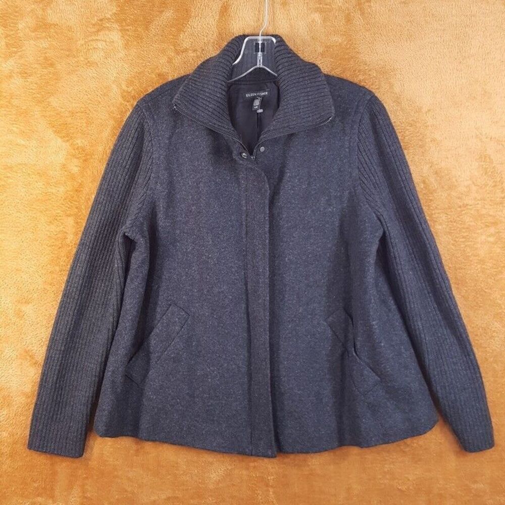 EILEEN FISHER Womens Jacket Large Gray Zip Up Wool Pleated Knit Sweater Sleeve